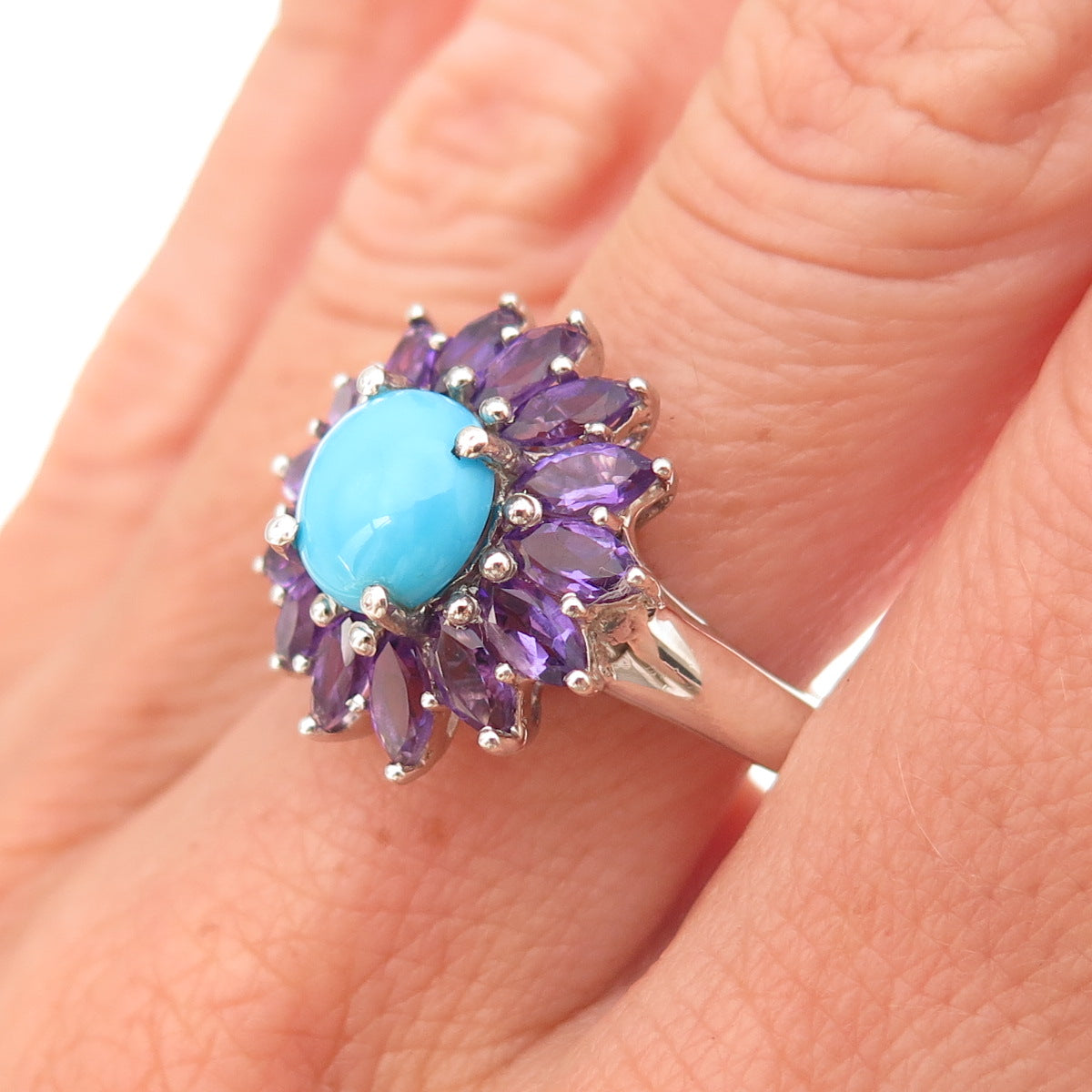 Chuck Clemency 925 Sterling Silver Real Turquoise & Amethyst Floral Ring Size 8