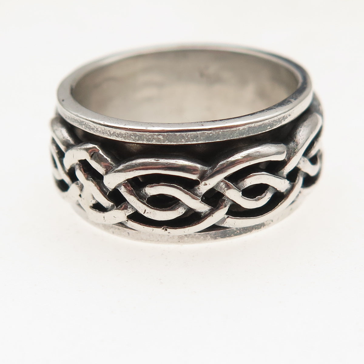925 Sterling Silver Vintage Celtic Woven Oxidized Rotating Band Ring Size 7.25