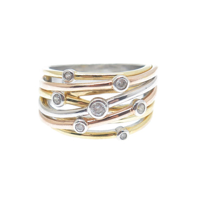 925 Sterling Silver 3-Tone Round-Cut C Z Station Crisscross Ring Size 7.25