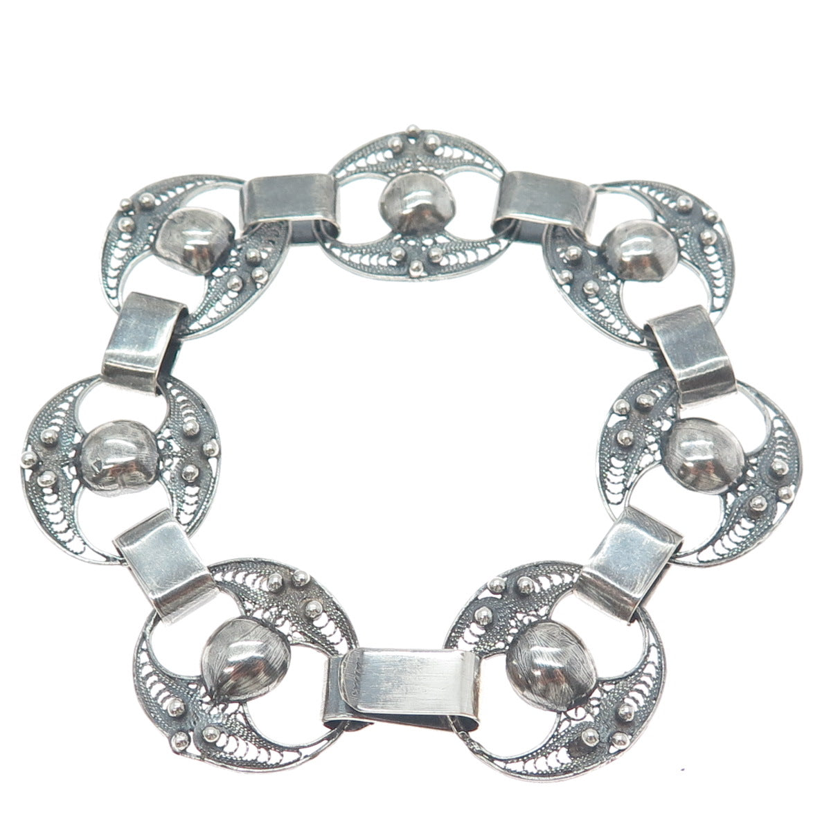 925 Sterling Silver Antique Art Deco Filigree Beaded Oxidized Link Bracelet 7.5"