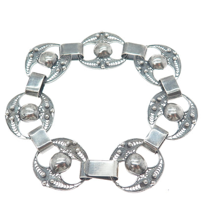 925 Sterling Silver Antique Art Deco Filigree Beaded Oxidized Link Bracelet 7.5"