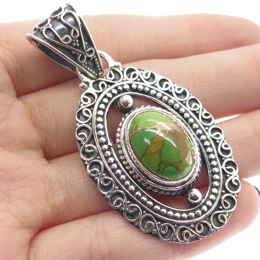 925 Sterling Silver Vintage Real Green Turquoise Gemstone Boho Ornate Pendant