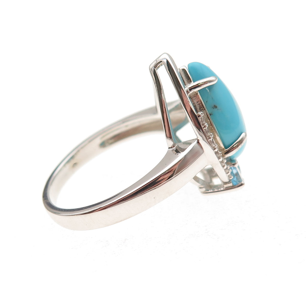 925 Sterling Silver Real Turquoise Blue & White Topaz Teardrop Ring Size 8.25