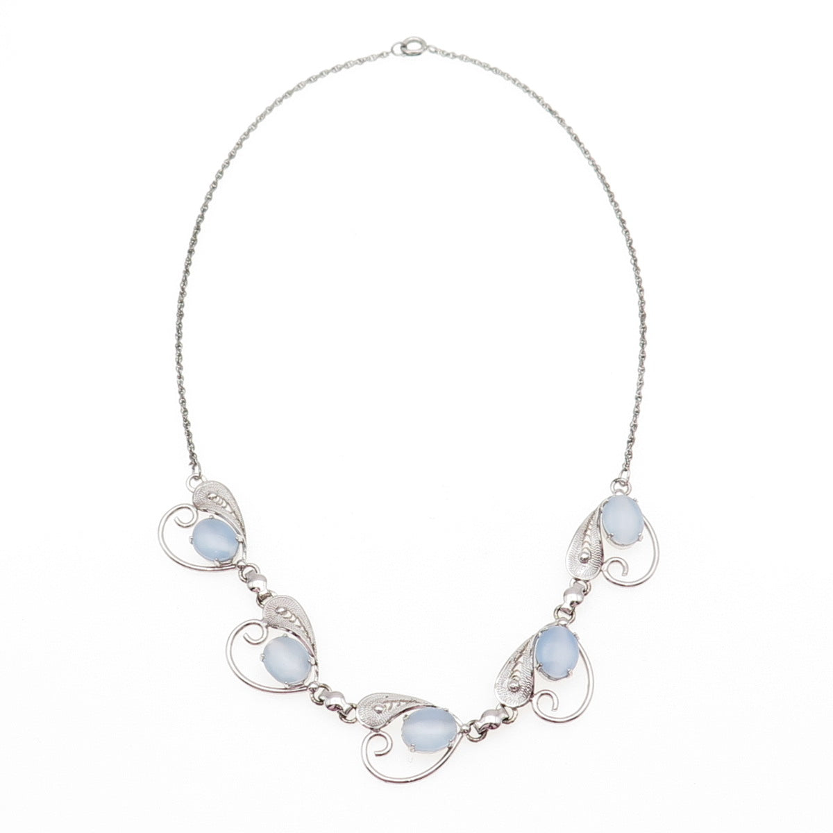 925 Sterling Silver Antique Art Deco Apalite Filigree Chain Necklace 16"