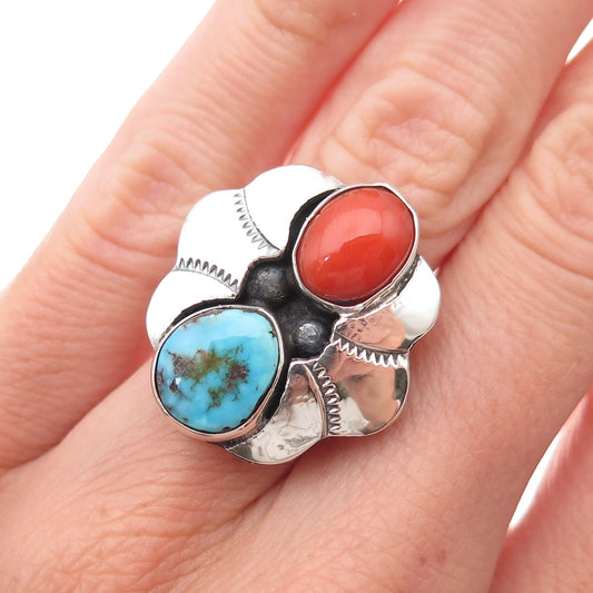 Old Pawn 925 Sterling Silver Vintage Turquoise & Coral Floral Ring Size 5.25
