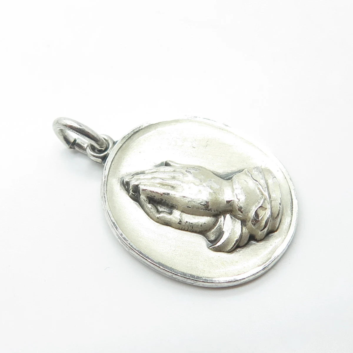 925 Sterling Silver Vintage M De Jean Praying Hands Medal Charm Pendant