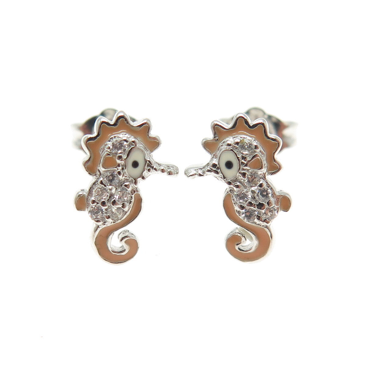 925 Sterling Silver Enamel Round-Cut C Z Seahorse Stud Earrings