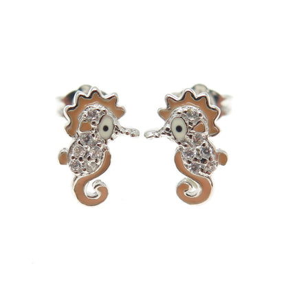 925 Sterling Silver Enamel Round-Cut C Z Seahorse Stud Earrings