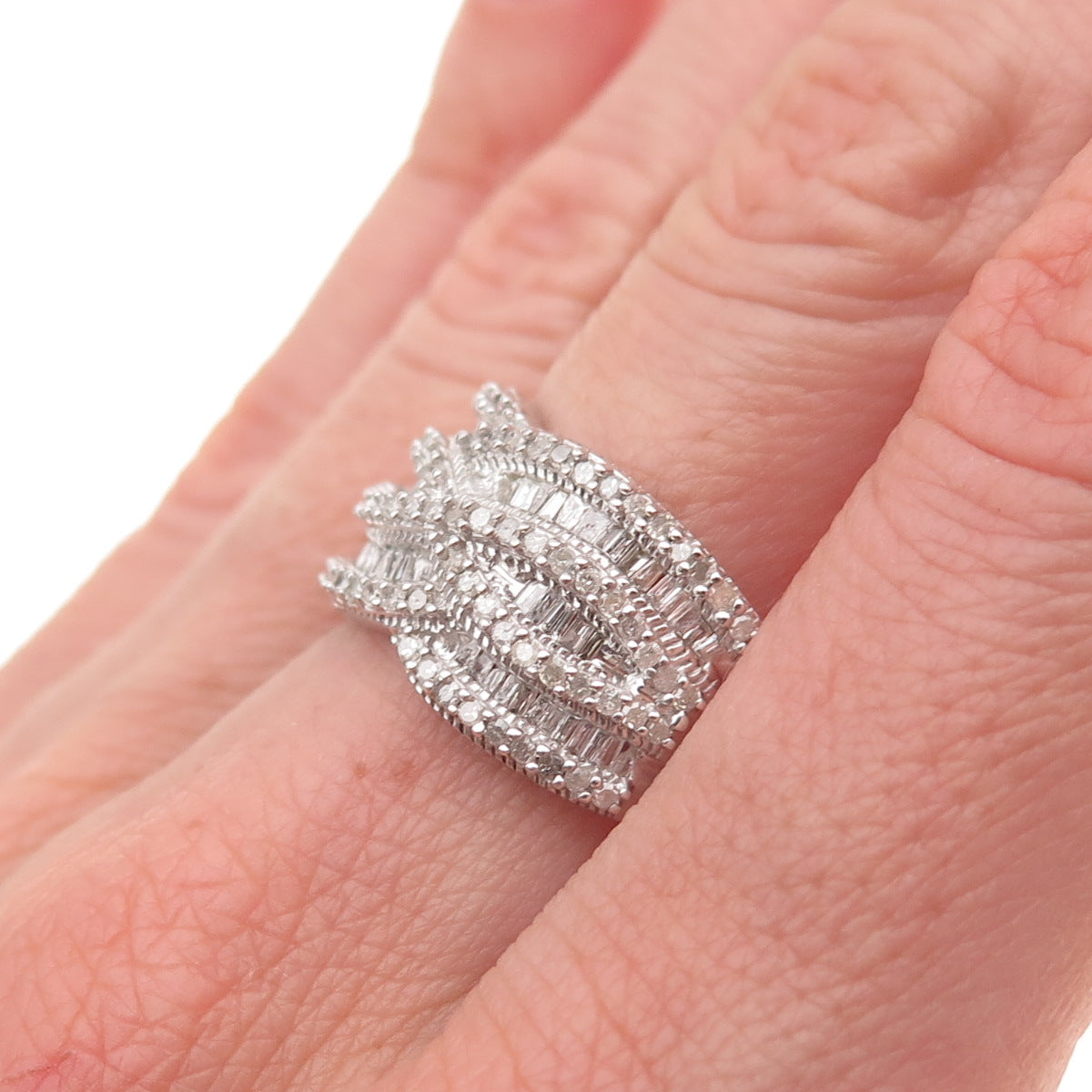 925 Sterling Silver Real Tapered Baguette & Round-Cut Diamond Ring Size 8