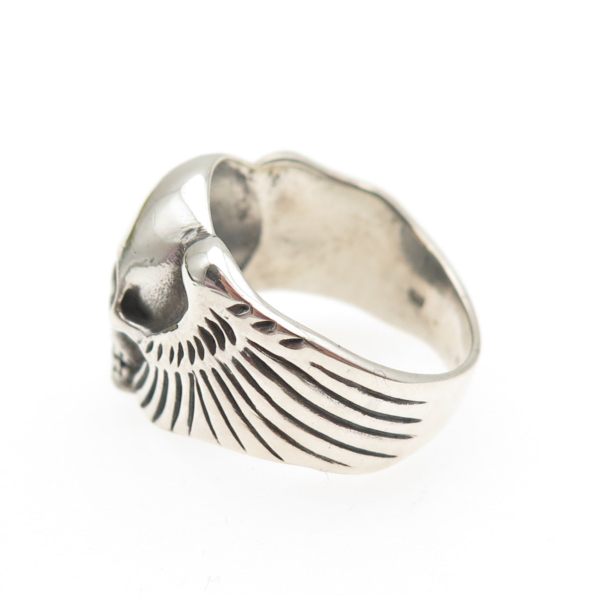 925 Sterling Silver Vintage Skull & Wings Oxidized Biker Ring Size 8.75