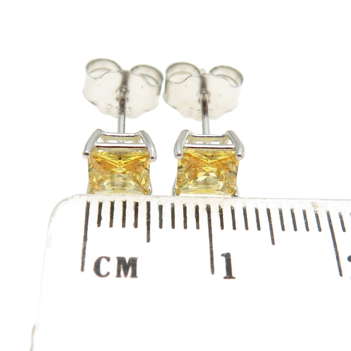 925 Sterling Silver Princess-Cut Shaped Canary C Z Stud Earrings