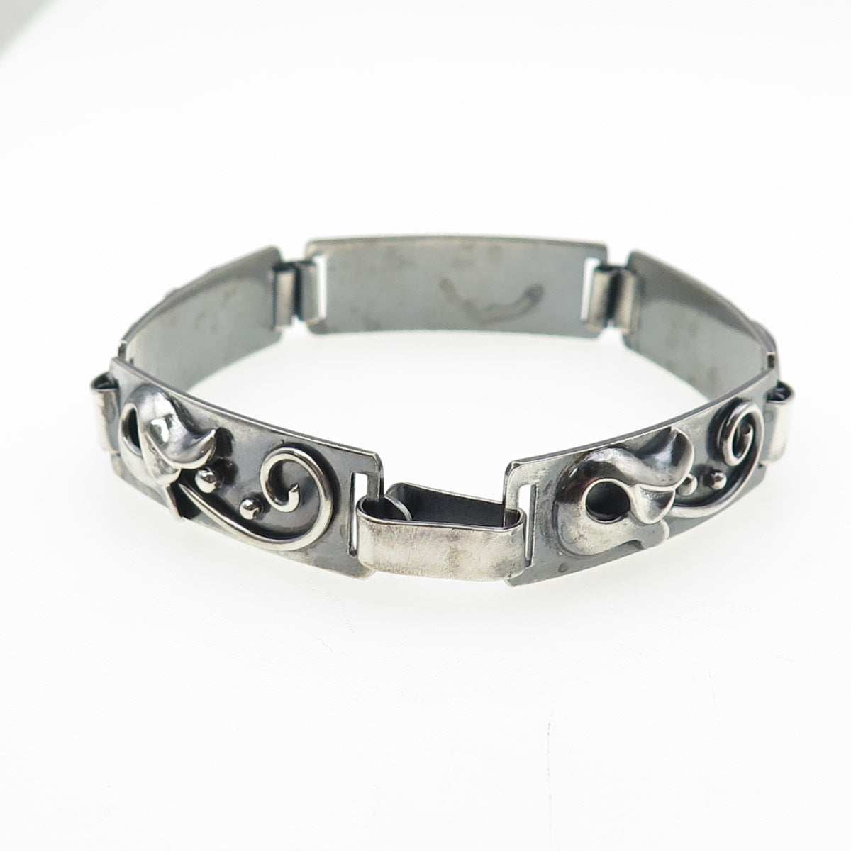 BEAU 925 Sterling Silver Antique Art Deco Flower Oxidized Panel Link Bracelet 7"