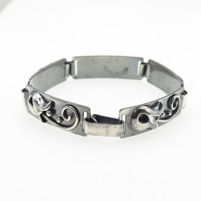 BEAU 925 Sterling Silver Antique Art Deco Flower Oxidized Panel Link Bracelet 7"