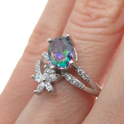 925 Sterling Silver Real Mystic Topaz & C Z Flower Bypass Ring Size 8.25