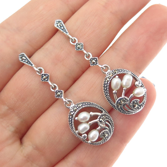 925 Sterling Silver Vintage Real Pearl & Marcasite Oxidized Dangle Earrings