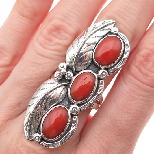 Old Pawn Sterling Silver Vintage Southwestern Coral Feather Tribal Ring Size 6