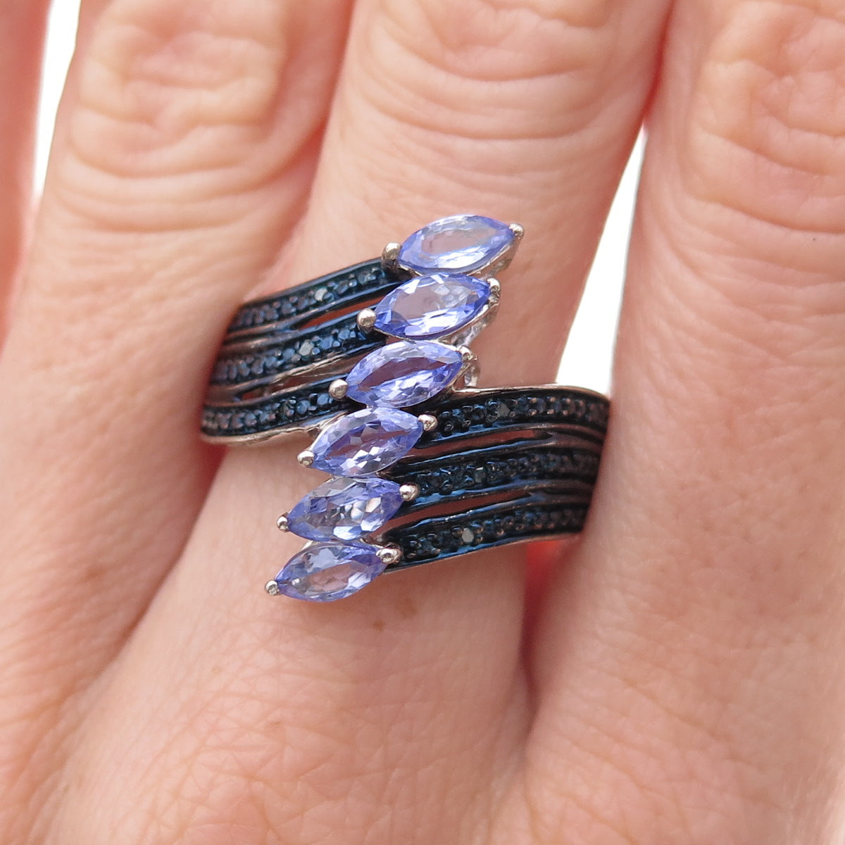 Chuck Clemency 925 Sterling Silver Real Blue Diamond & Tanzanite Ring Size 8.25