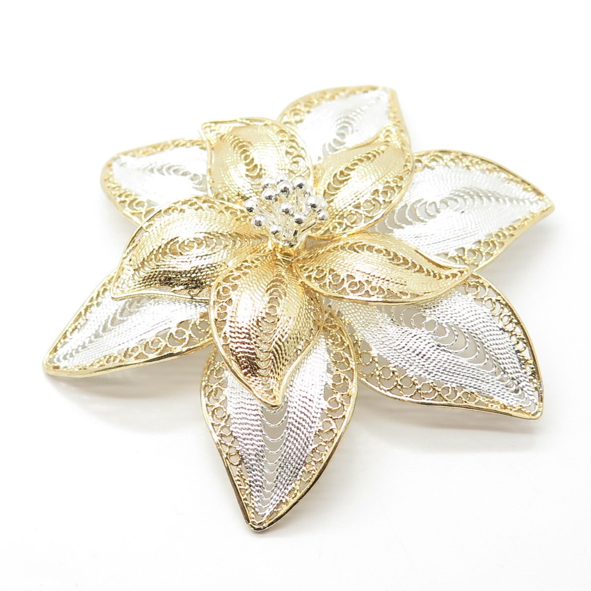925 Sterling Silver 2-Tone Vintage Filigree Floral Pin Brooch