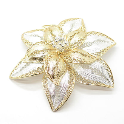 925 Sterling Silver 2-Tone Vintage Filigree Floral Pin Brooch