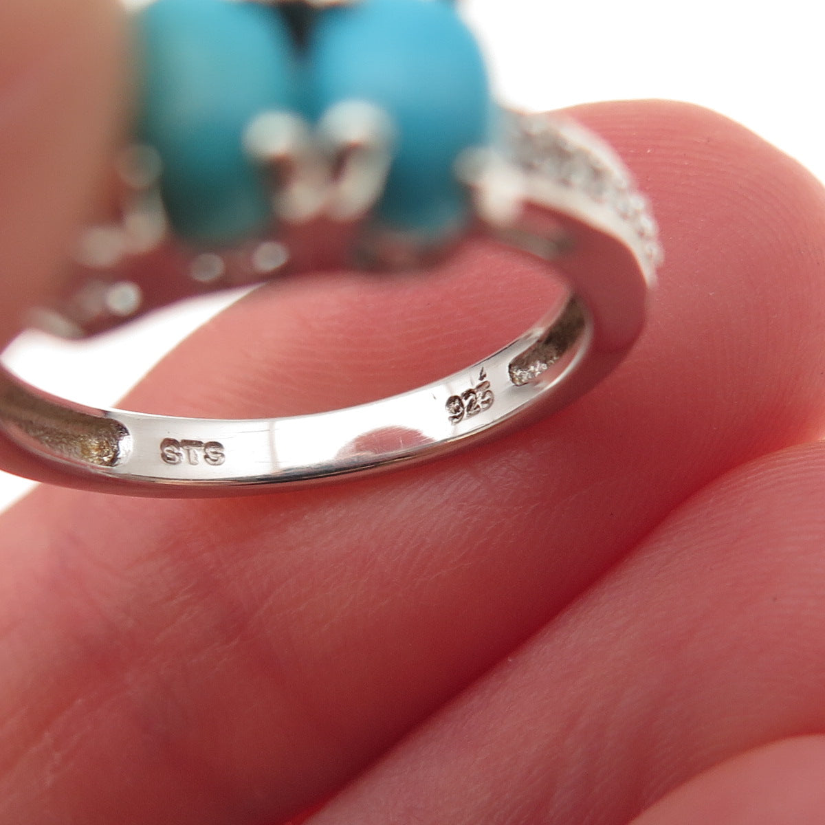 Chuck Clemency 925 Sterling Silver Real Turquoise & White Topaz Ring Size 5.25