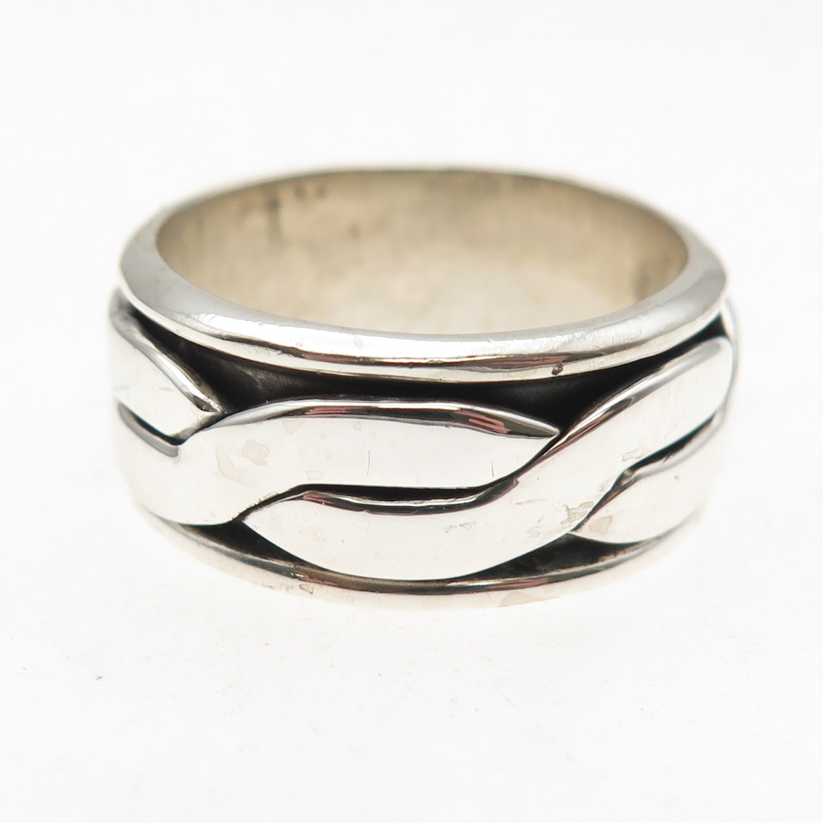 925 Sterling Silver Vintage Mexico Woven Oxidized Rotating Band Ring Size 9.75