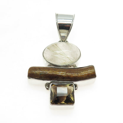 925 Sterling Silver Vintage Real Rutilated & Smoky Quartz Wood Amulet Pendant