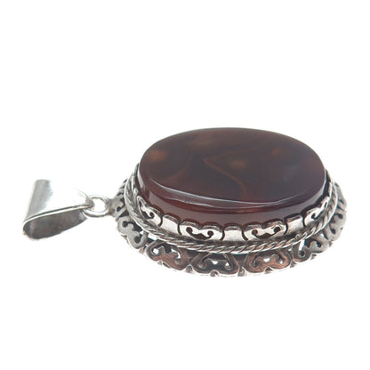 950 Silver Vintage Real Oval-Cut Agate Roped Pendant