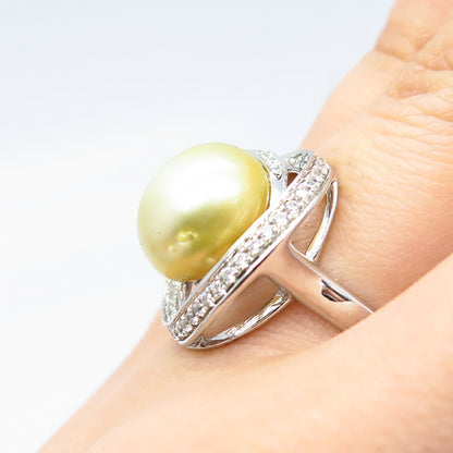 925 Sterling Silver Faux Pearl & Pave C Z Ring Size 6