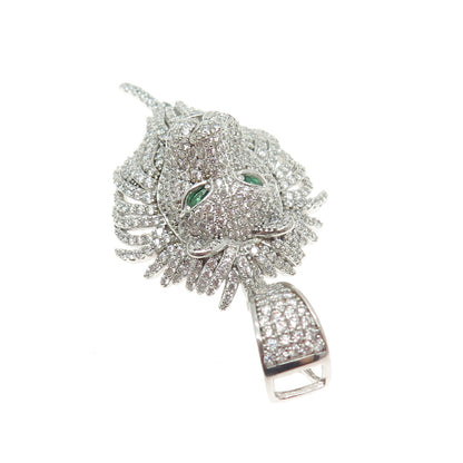 925 Sterling Silver Nano Emerald & Round-Cut Shaped C Z Lion's Head Pendant