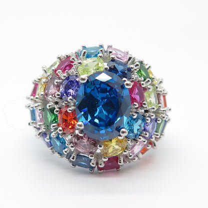 925 Sterling Silver Multi-Color C Z Wide Round Ring Size 8