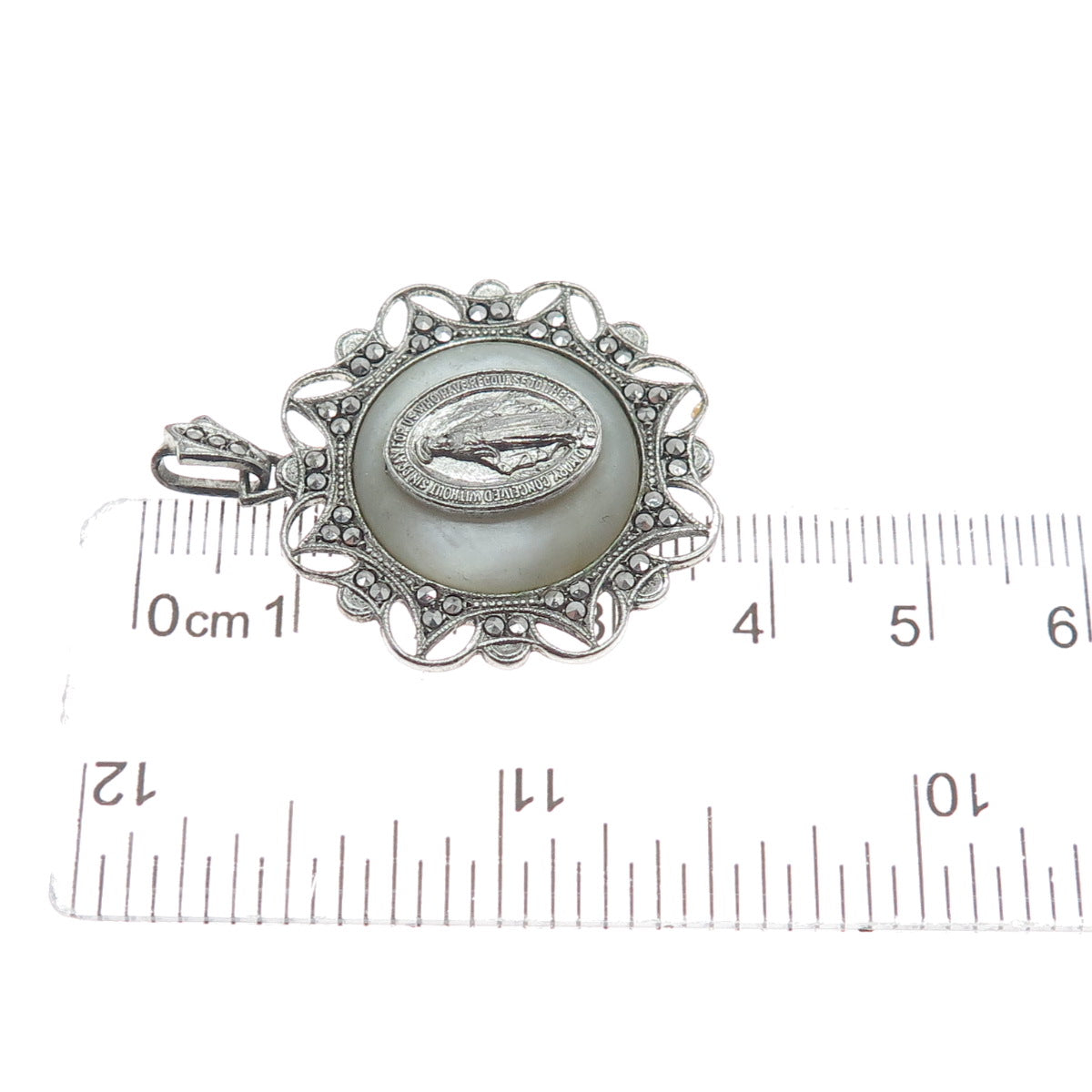 925 Sterling Silver Antique Real MOP & Marcasite Gem St. Mary Religious Pendant