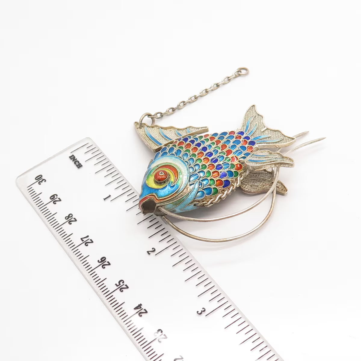 925 Sterling Silver Antique Enamel Chinese Koi Fish Chatelaine Articulated Fob