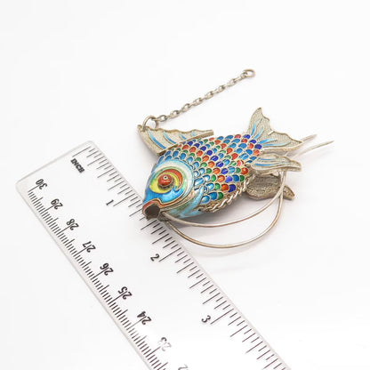 925 Sterling Silver Antique Enamel Chinese Koi Fish Chatelaine Articulated Fob