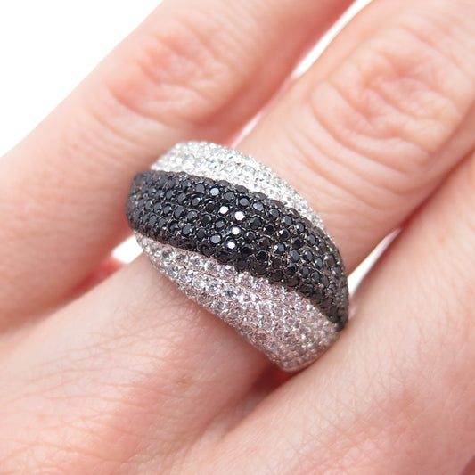 925 Sterling Silver Real Round-Cut Black Spinel & C Z Wavy Ring Size 6.5