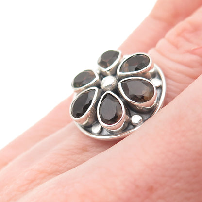 925 Sterling Silver Vintage Real Smoky Quartz Modernist Flower Ring Size 5