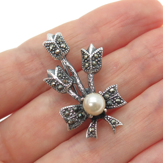 925 Sterling Silver Vintage Real Marcasite Faux Pearl Tulip Oxidized Pin Brooch