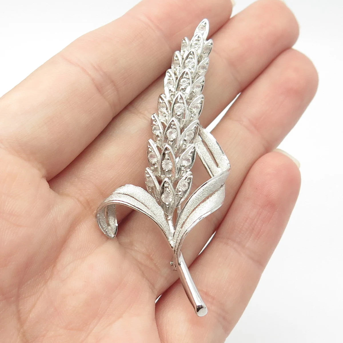 925 Sterling Silver Vintage Real Clear Quartz Leaf Pin Brooch