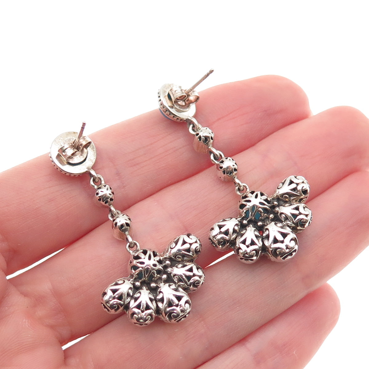 925 Sterling Silver Vintage Real Turquoise Floral Dangle Earrings