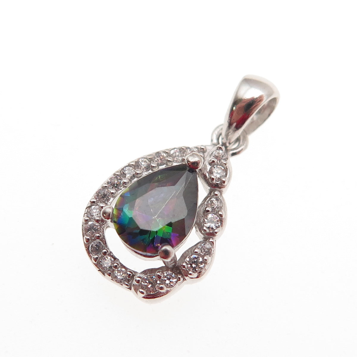925 Sterling Silver Real Mystic Quartz & C Z Teardrop Mini Charm Pendant