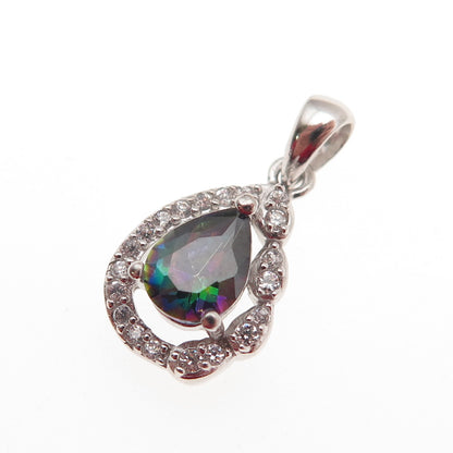 925 Sterling Silver Real Mystic Quartz & C Z Teardrop Mini Charm Pendant
