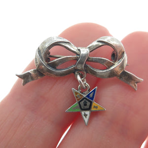 925 Sterling Silver Antique Enamel Bow Masonic Star Dangle Oxidized Brooch