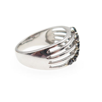 925 Sterling Silver Real Round-Cut Black Spinel Multi-Row Ring Size 7.5