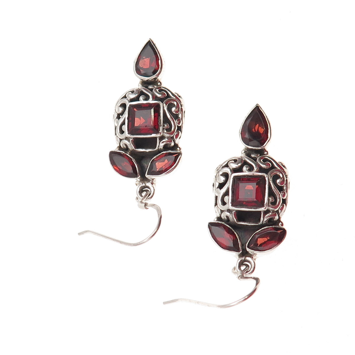 925 Sterling Silver Vintage Real Red Garnet Ornate Dangle Earrings