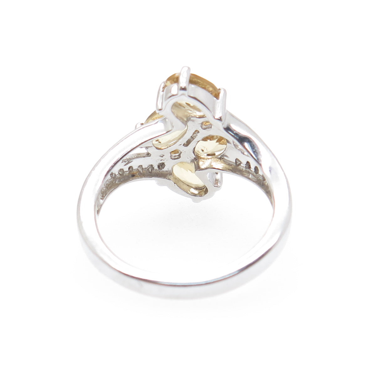 925 Sterling Silver Real Oval-Cut Citrine & White Topaz Bypass Ring Size 6.25
