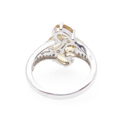 925 Sterling Silver Real Oval-Cut Citrine & White Topaz Bypass Ring Size 6.25