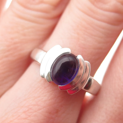 925 Sterling Silver Real Cabochon Amethyst Modernist Ring Size 7