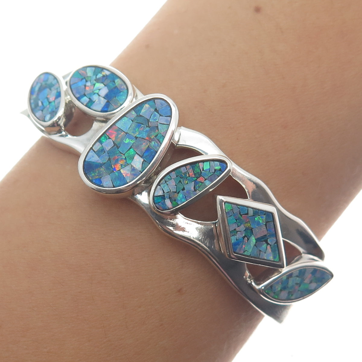 WHITNEY KELLY Sterling Silver Vintage Real Opal Inlay Adjustable Bracelet 6.75"