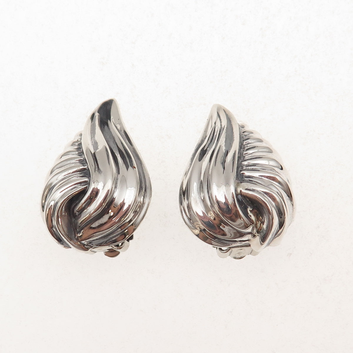 925 Sterling Silver Vintage Modernist Flame Oxidized Clip On Earrings