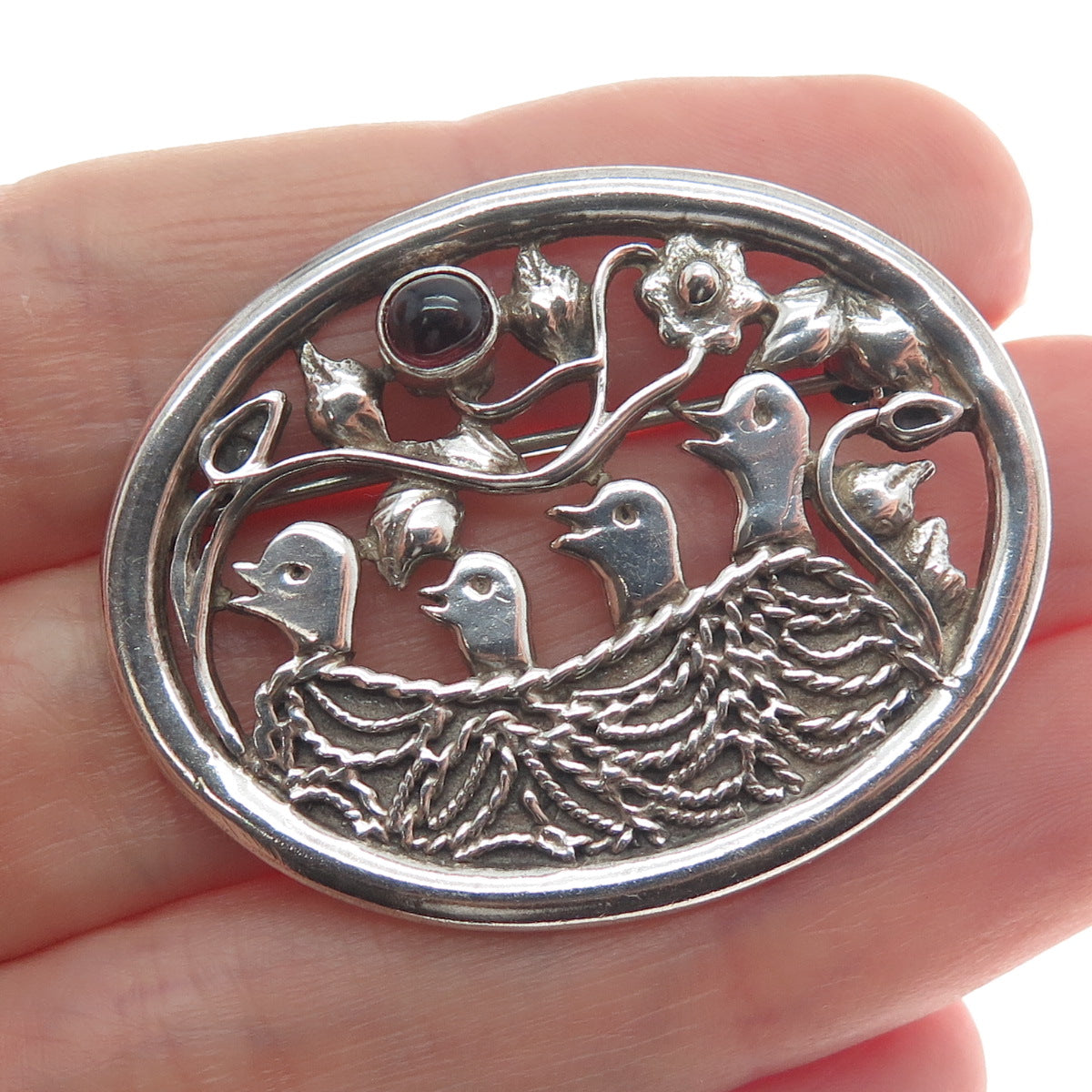 925 Sterling Silver Vintage Real Tourmaline Bird Nest Oxidized Pin Brooch