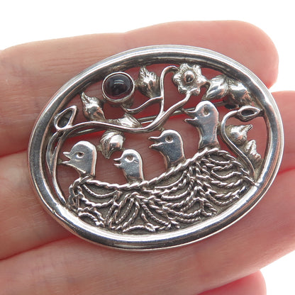 925 Sterling Silver Vintage Real Tourmaline Bird Nest Oxidized Pin Brooch